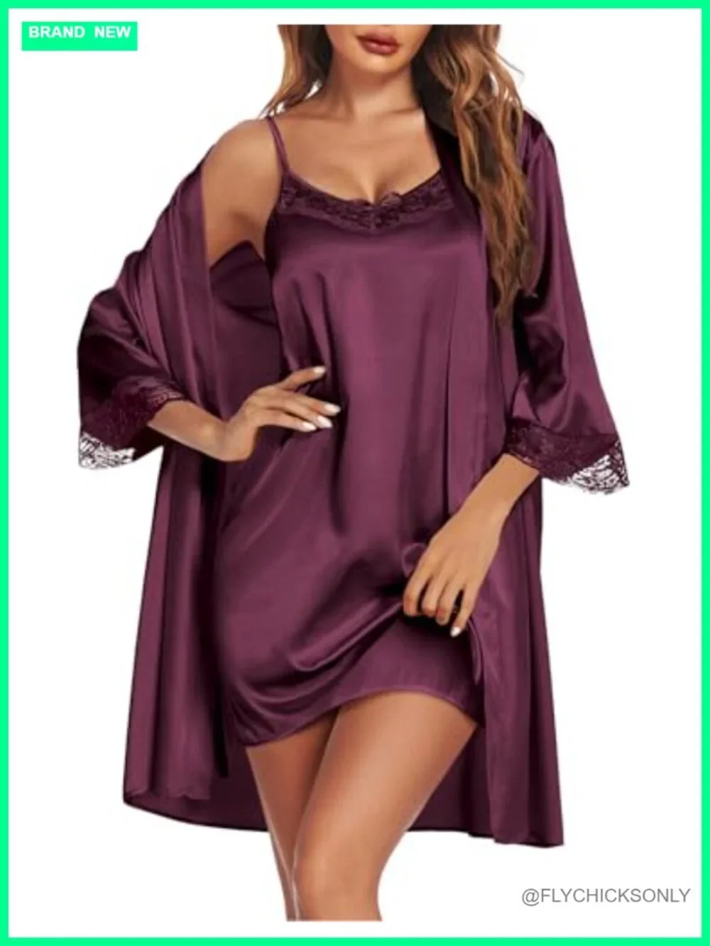 Satin Sleepwear Robes Set 2 Piece V-Neck Lace Cami Nightgown